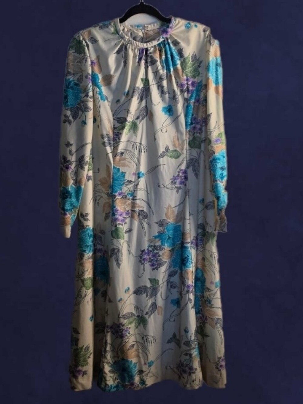 Floral Long Sleeve Midi Dress - Cream with Blue & Purple Flowers